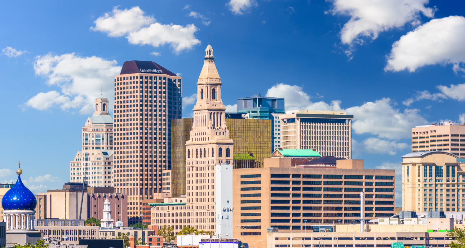 downtown skyline of Hartford, Connecticut, the city where Attorney John Serrano has his law office
