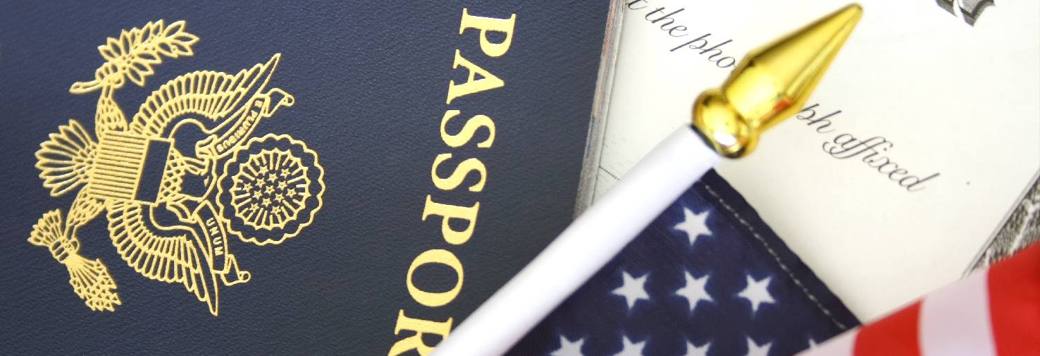 American passport, flag and U.S. citizenship certificate